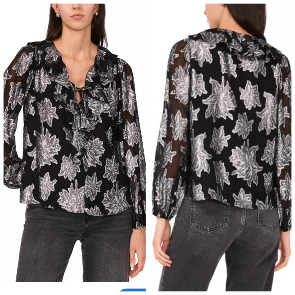 Parker Metallic‎ Star Blouse Women M Black Silver Ruffle Tie Neck celestial